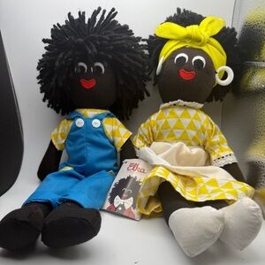 Golliwog Dolls Pair - Blue Overalls & Yellow Dress
